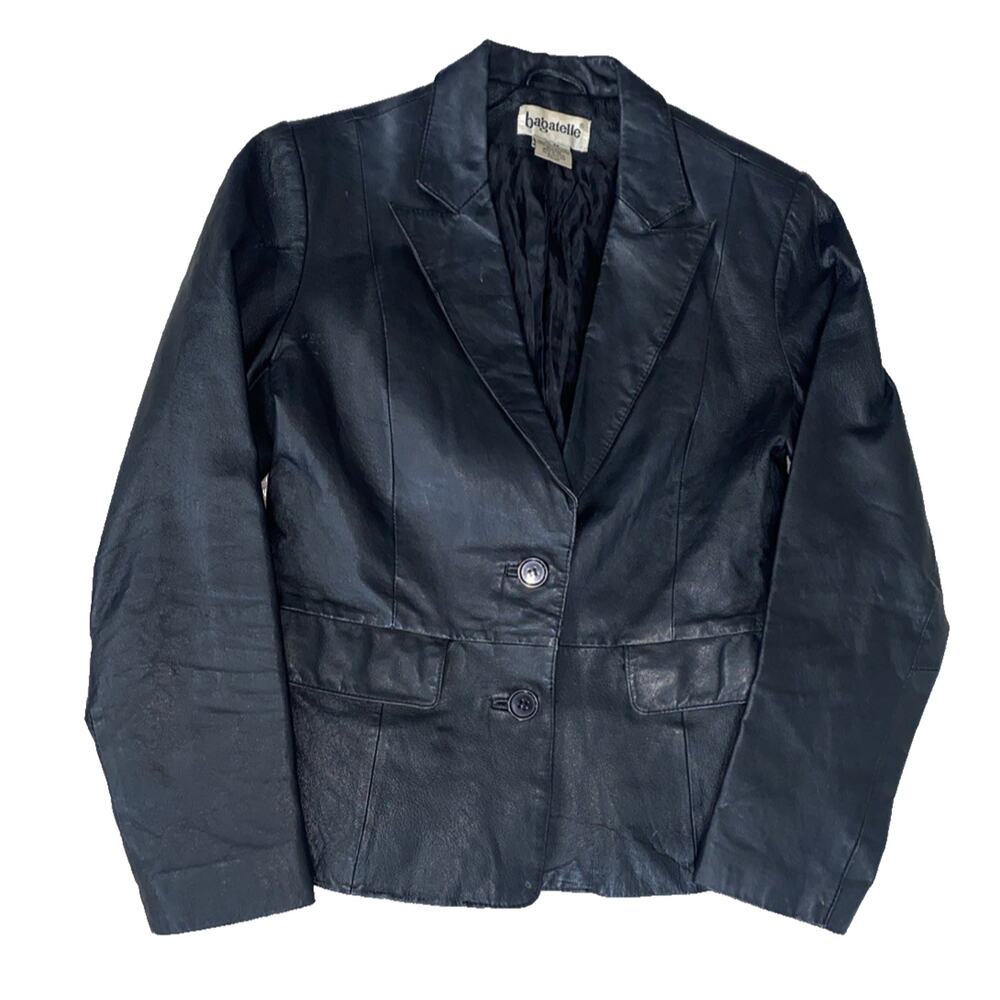 Vintage 80s Bagatelle Leather Blazer Coat Jacket 4 Petite Black Single Breasted